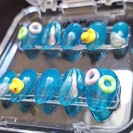 Pool inspired nails with 3D handpainted ducks