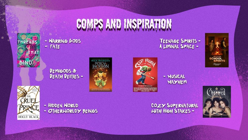 Background is a vibrant violet with a darker purple wavy border and pink and dark purple spray paint. Title reads "Comps and Inspiration." An image of the book Threads That Bind is accompanied by the words "warring gods and fate." An image of the book Wrath of the Triple Goddess is accompanied by the words "demigods and death deities." An image of the book The Cruel Prince is accompanied by the words "hidden world and otherworldly beings." An image of the movie poster for Scott Pilgrim vs. the World is accompanied by the words "musical mayhem." An image of the TV show poster for School Spirits is accompanied by the words "teenage spirits and liminal space." An imaged of the TV show poster for the original Charmed is accompanied by the words "cozy supernatural with high stakes."