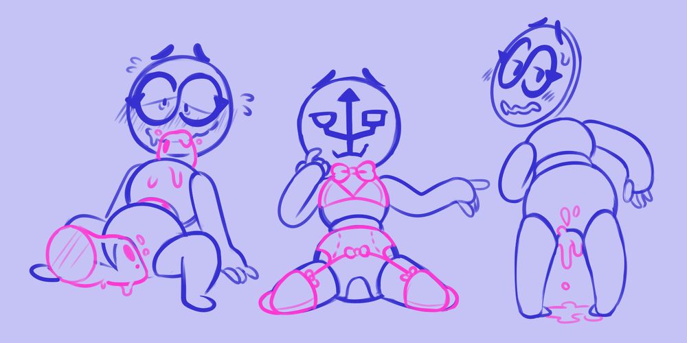 3 digital doodles of a small, round robot with a floating disc for a head in different compromising positions. he has a big pair of round glasses resembling an infinity symbol. he's seen sitting on the floor with a goopy pink tentacle entering his cooch and exiting his neck hole. standing and facing away, looking back over his shoulder with a bashful expression, pink goo dripping from his nether region. and sitting on the floor posing cutely in lingerie, his face replaced with a stylized USB symbol resembling a smiling face