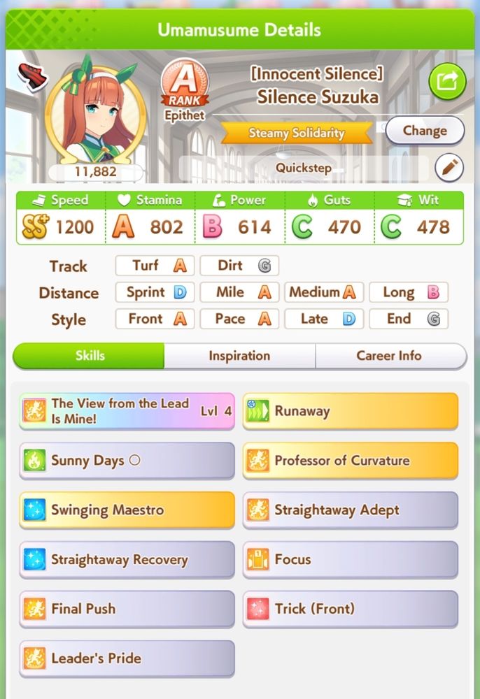 Silence Suzuka, runaway build. 1200 speed; 802 stamina; 614 power; 470 guts; 478 wit.