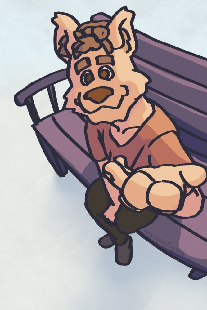 An anthropomorphic dog sitting on a bench looking up at the viewer with their hand outstretched.
