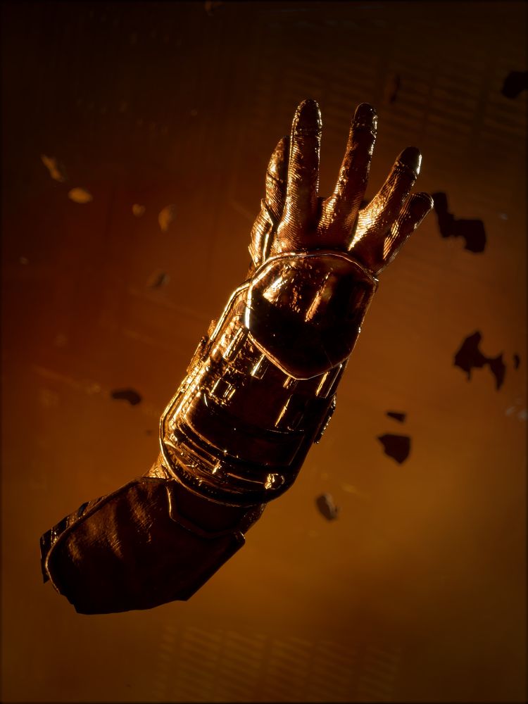 A recreation of the Dead Space video game cover art from 2008 depicting a floating severed hand in zero gravity/space. It was captured in the 2023 remake of the game developed by motive and published by EA.