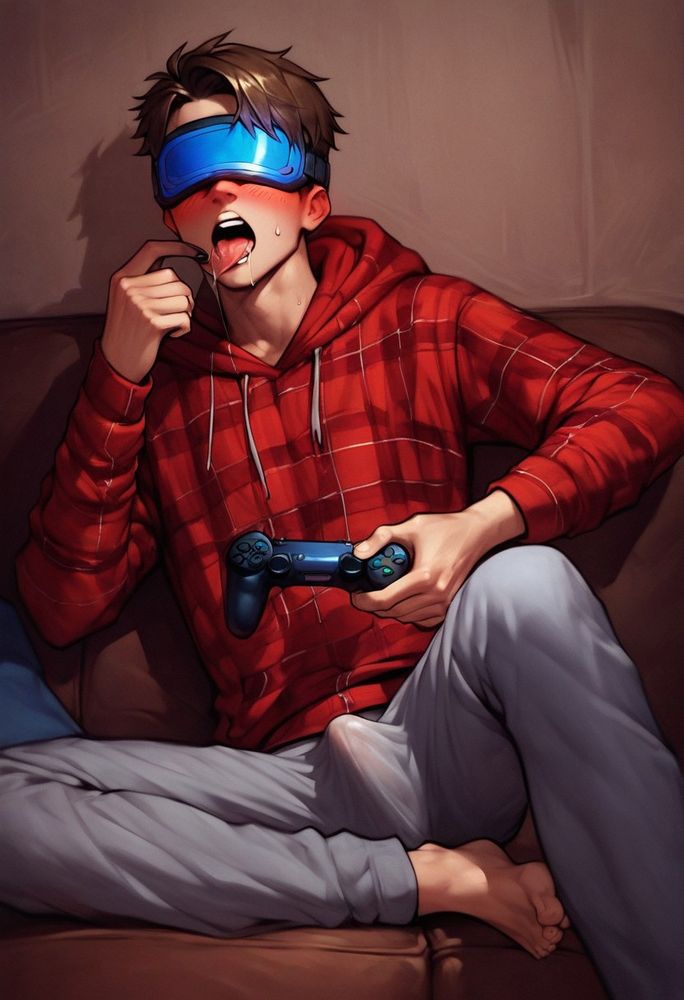 A brown haired boy sits on a coach wearing a red plaid hoodie and grey sweatpants. He holds a videogame controller and wears a blue visor over his eyes.

An erection is clearly visible under the fabric over his groin.