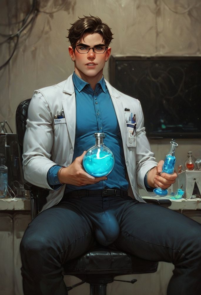 A male scientist in a lab coat with a blue button down shirt holds a round vial of glowing blue liquid.

His crotch bulges with a large imprint of his cock and balls.
