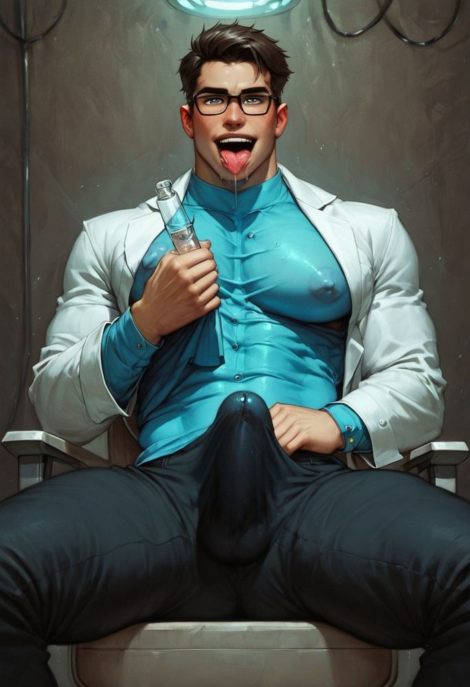 The same scientist, his pants are tented a large erection underneath the fabric, his shirt is straining against a set of swollen pecs. Also visible beneath the shirt are the imprints of his large nipples.