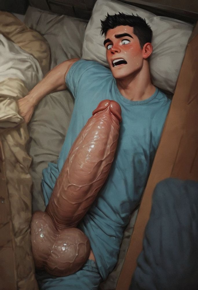 An aerial perspective of an AI generated image of a slim and toned college aged boy with dark hair and blue eyes, is laying in bed assumed to have just awoken from sleep.

A massive and very thick veiny cock juts over the waistband of his pajama pants and resting against his chest reaching his collarbone along with a set of melon sized veiny balls.

His expression is one of panicked shock at the sudden development jutting from his groin.