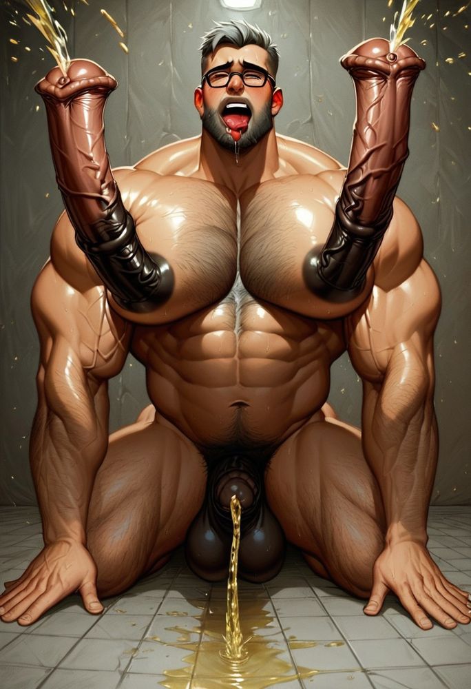 Now with his extremely muscular body completely exposed, he rests on all fours, moaning as all three equine cocks spray three hot streams of piss onto the floor of his chamber.