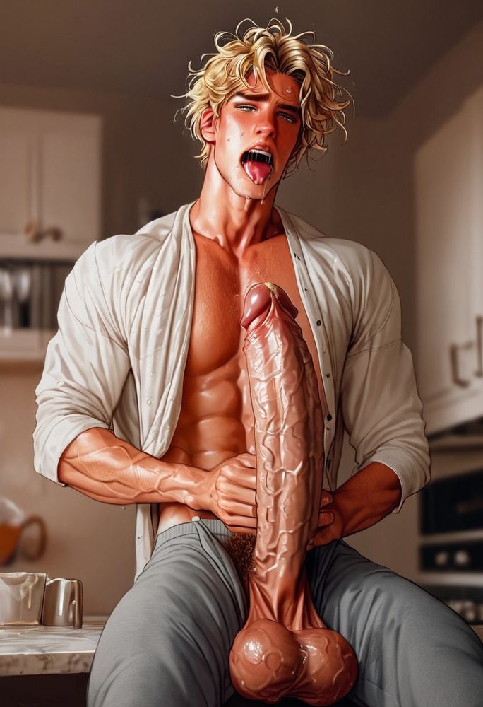 A very toned and tanned man with shaggy blond hair. He is wearing a loosed white buttoned jumper and a pair of loose grey sweatpants.

His expression is one of intense lust, his forehead is sweaty and his mouth is sticky with drool.

The focus of the image is on his enormous cock which juts out of his loose sweatpants and a tangled mess of blond pubes up to his collarbone. Both it and the perfectly round, saggy orange-sized balls are riddled with veins.