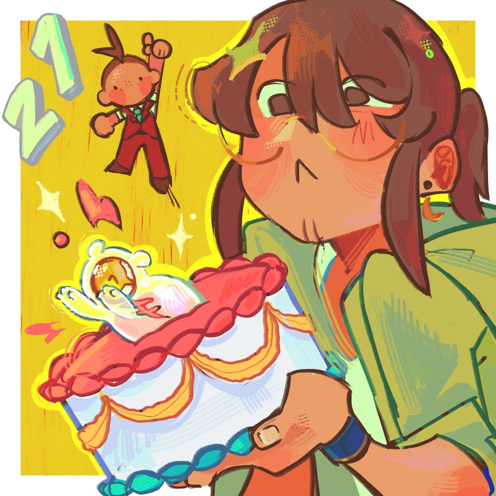 It’s my birthday! 
Illustration of myself (brown hair tied up, gold rimmed round glasses, green jacket) holding a birthday cake (it’s pink, yellow and blue). Aiba (character from ai: the somnium files) is jumping out of the cake with a pleased expression, and a mini Apollo figurine (character from Ace Attorney) is flying off from Aiba’s presence. The candles “2” and “1” are flying off as well. It’s my 21st birthday and I’m happy i’ve been alive and growing.

I’m forever grateful for all the people i’ve had in my life, whether they are actively in it or supporting me from the sidelines. Thank you 💛
