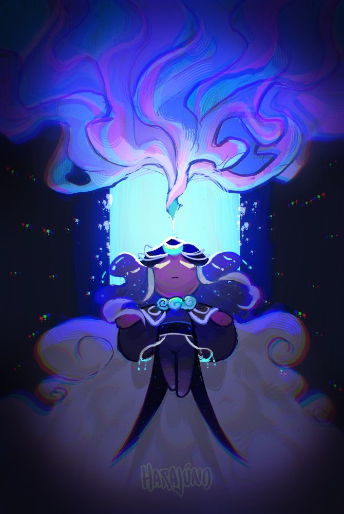 Cookie run oc (The character is garnished in robes and jewlery, in which most are to imitate a galaxy. There are stars and moon motifs on the character, as well as clouds draping from the veil the character wears)

The character is ascending, a beam of blue light shining it's surroundings. There's a cast of nebulous clouds over the character, almost as if it's empowering them.