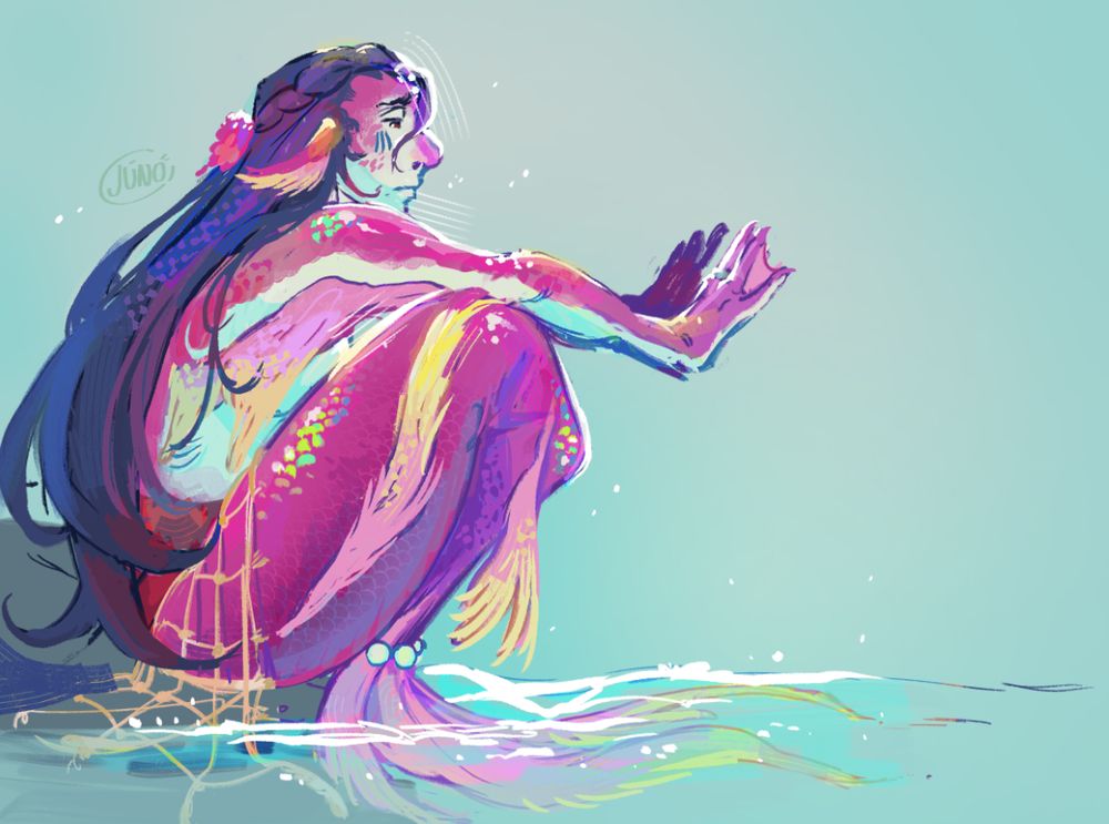 Illustration of sister iris (from ace attorney) sitting o a rock on the far left of the canvas. She's illustrated as a mermaid, holding her hands out as she admires a ring she got from a spikey-haired sailor. She's a gorgeous magenta colour, her scales shimmering in a multicolour hue. Iris has a fishnet wrapped around her waist to represent the captivity she feels when it comes to living in her sister's shadow.