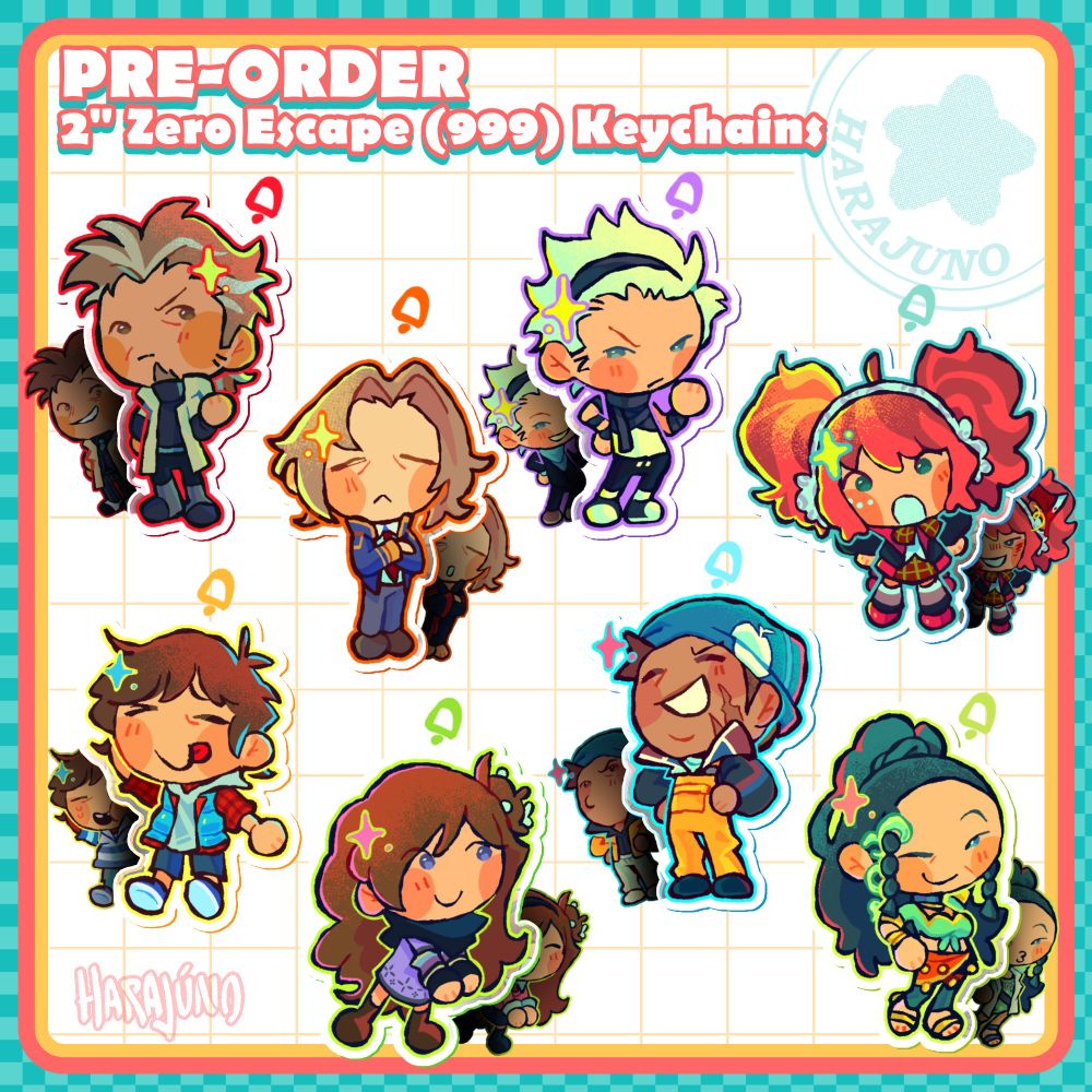 Image of the Pre-order promotional poster, showcase all 8 main characters form the game zero escape; 9 hours, 9 persons, 9 doors. From left to right on the top row, Ace, Snake, Santa and Clover. From left to right, bottom row, Junpei, Akane (June), Seven and Lotus. All the designs have a smaller design showcased behind them, being alternate versions of them (as the keychain is double sided).