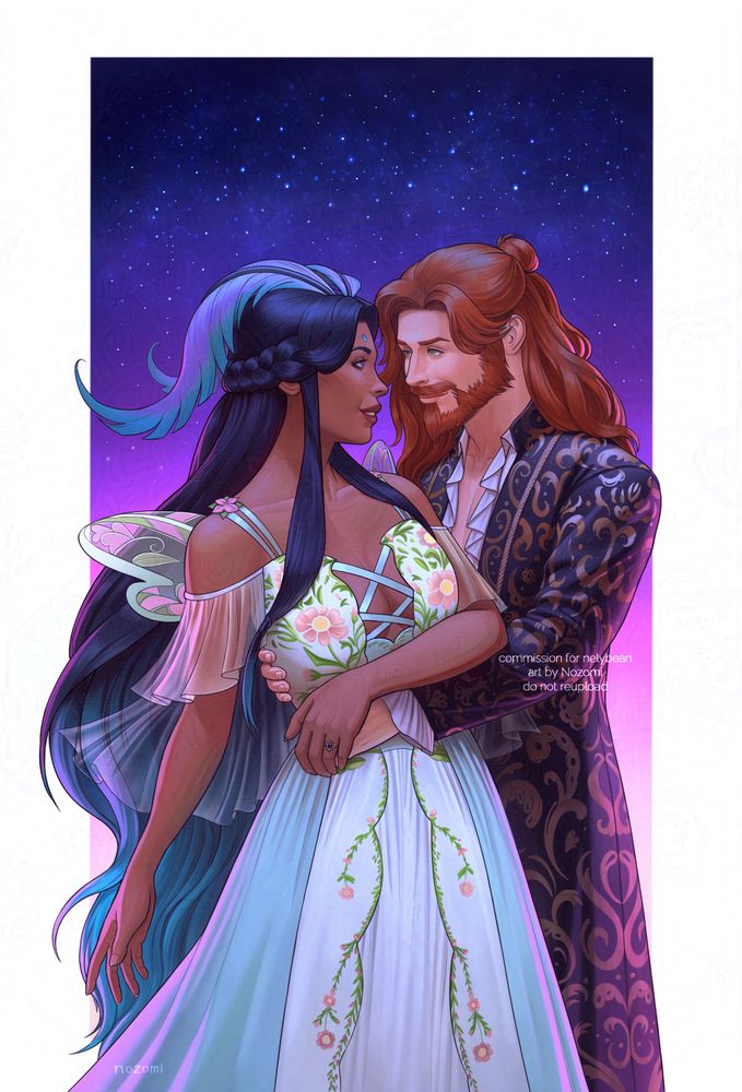 A fae god and her mortal lover share a romantic embrace under a starry sky. 