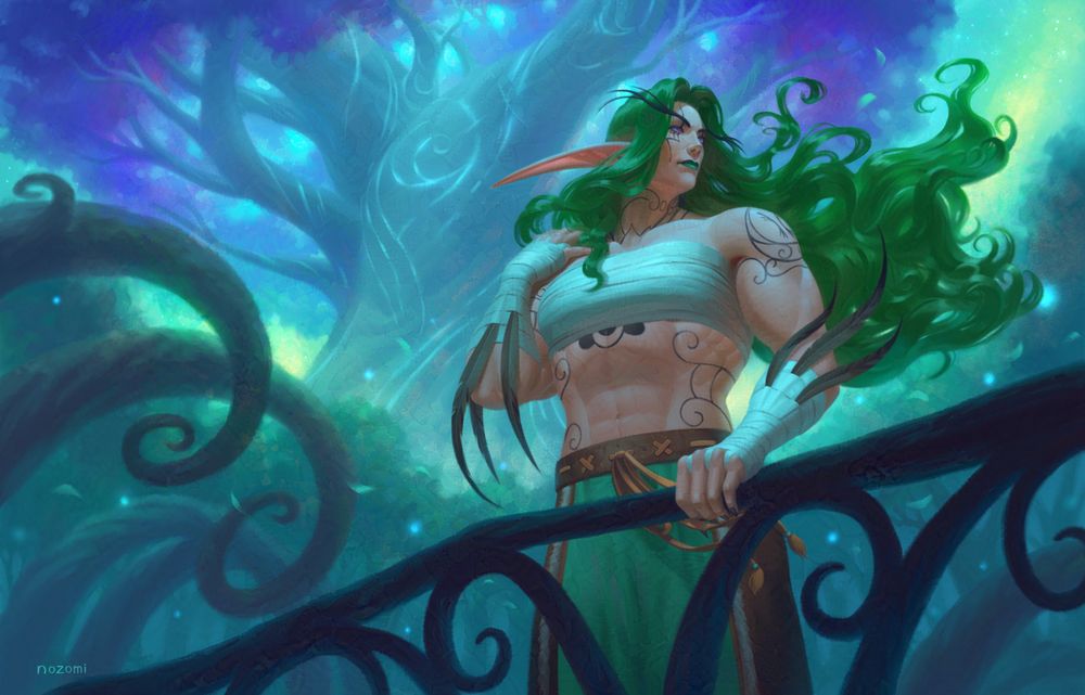 A  nightelf druid looks off into the distance, hair blowing in the wind, standing near Amirdrassil. She has long green hair, and a muscular physique. Her forearms and chest are bound with white wrappings, and she wears loose green and brown pants. She also has dark, delicate tattoos on her person. 