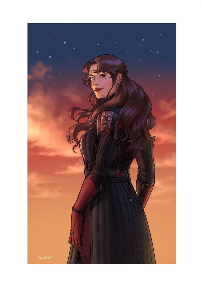A woman turns to look back at the viewer, a gentle smile on her face. The sky is turning from a bright orange/red to a deep blue, and stars are starting to show as the sun sets. 