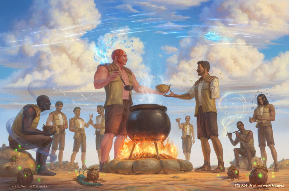 An illustration of the members of Bridge four(from the Stormlight Archive series) enjoying some stew. The sky is a bright blue with fluffy clouds. Many spren can be seen around the scene as well. 

The characters from left to right: Shen, Moash, Skar, Teft, Rock, Peet, Lopen, Sigzil, and Kaladin. 

Spren count: Windspren in the sky, along with Sylphrena, Laughterspren around Moash, Skar, and Teft, Solemnity spren around Shen, Joyspren around Rock, Hunger spren around Lopen and Peet, Music spren where Sigzil is playing the flute, anxienty spren around Kaladin, Lifespren around the rockbuds, and flamespren around the fire. 