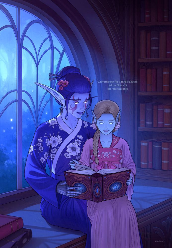 Warcraft OCs!

A peaceful scene of a mother and daughter reading from a book together near a window in the library, at night. 