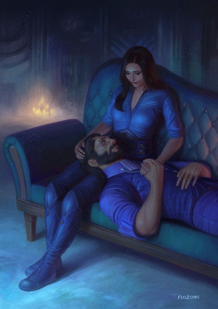 Rook and Lucanis share a peaceful moment in the lighthouse. 

Rook is sitting up on a green couch, while Lucanis lays down on it, and uses her lap as a pillow as he looks up at her adoringly. A soft blue light illuminates them from the front, while some orange candlelight reaches them from the right. The room is mostly in shadow, but some candles on the floor provides a small bit of illumination. 