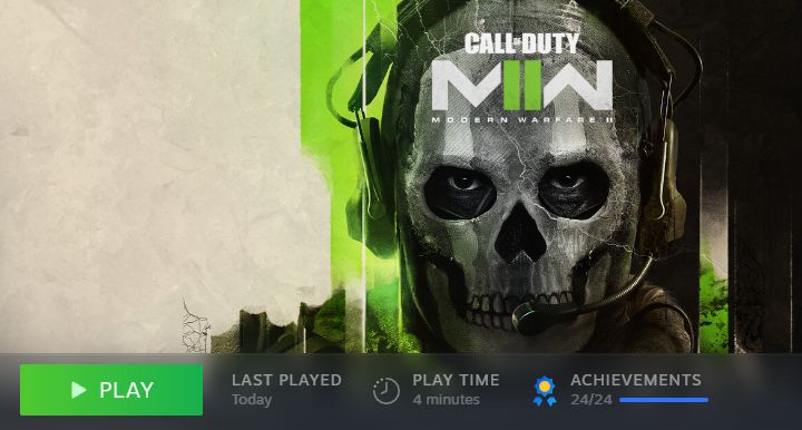 Call of Duty: Modern Warfare II completed with all 24 achievements unlocked after a total playtime of 4 minutes