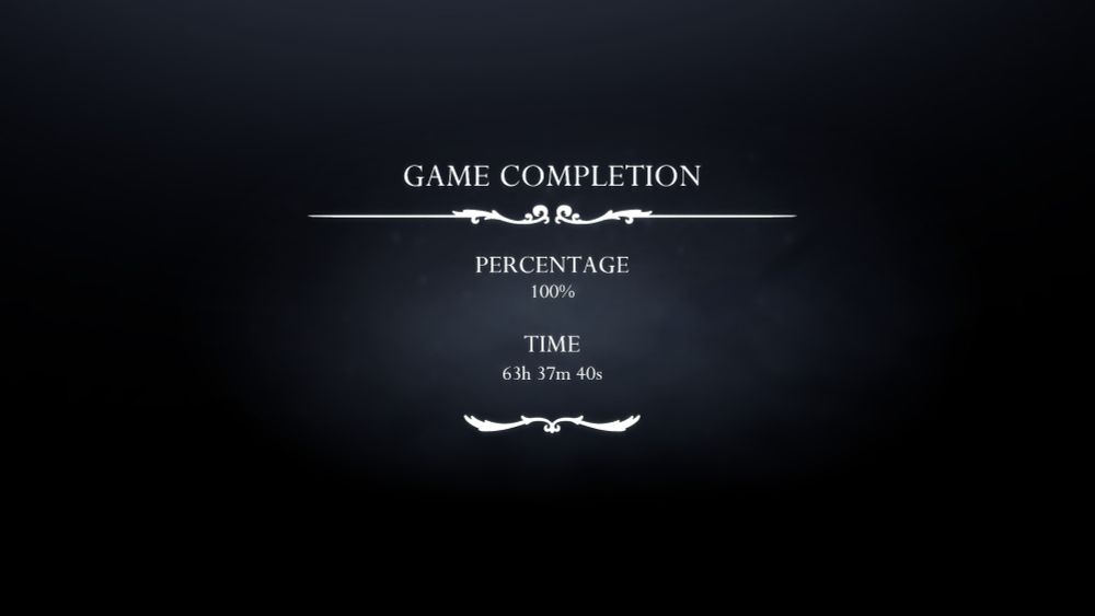Silksong end screen, showing 100% completion and 63h 37m 40s of playtime