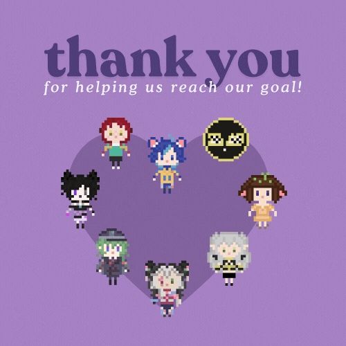8 pixelated team members mentioned in the post are arranged in a heart shape, each holding a small heart of their own. Text reads "Thank you for helping us reach our goal!"