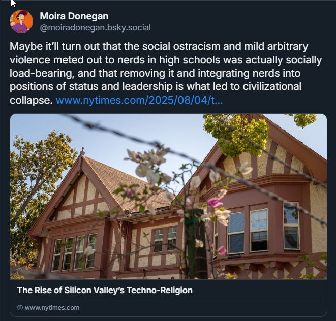 post from Moira Donegan with a link to a NYTimes story headlined "the Rose of Silicon Valley's Techno-Religion." She says "Maybe it’ll turn out that the social ostracism and mild arbitrary violence meted out to nerds in high schools was actually socially load-bearing, and that removing it and integrating nerds into positions of status and leadership is what led to civilizational collapse."