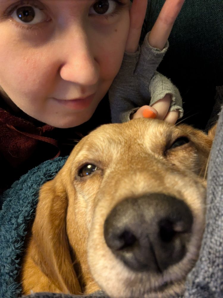 sleepy ginger haired dog and woman 