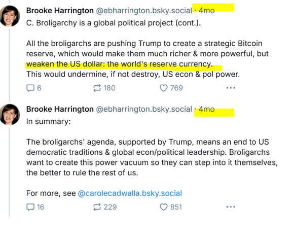 My 4 month old BlueSky post from a thread on the broligarchy, stating that Trump and the broligarchs would purposefully try to weaken the US dollar and end US global economic dominance, to benefit themselves at our expense.