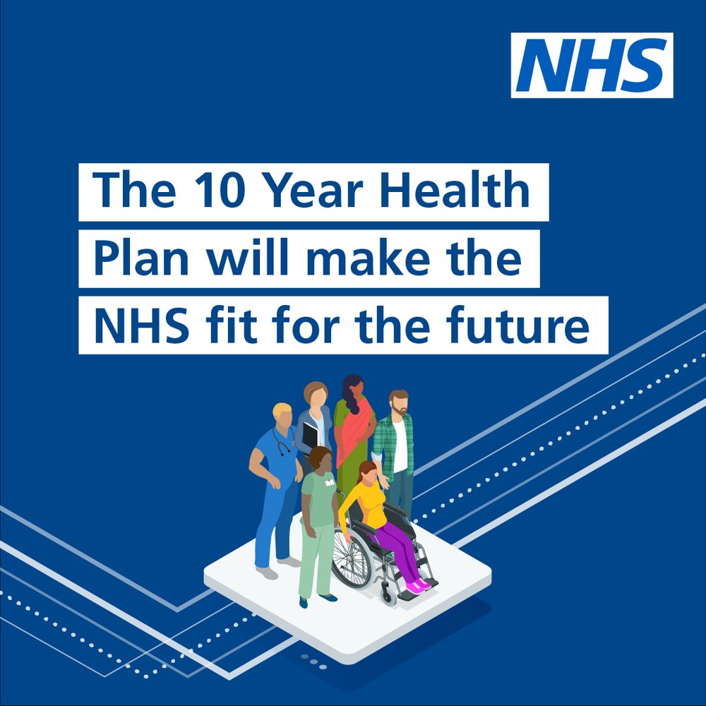 Illustration of a diverse group of 6 people; NHS staff and members of the public. Text reads; The 10 Year Health Plan will make the NHS fit for the future.