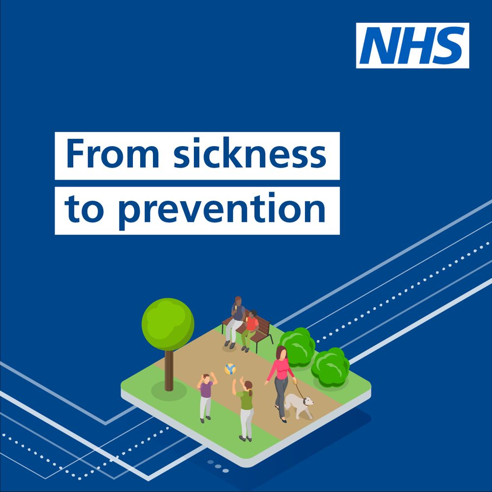 Illustration of people in a park; sat on a bench, walking a dog and playing catch. Text reads; From sickness to prevention.