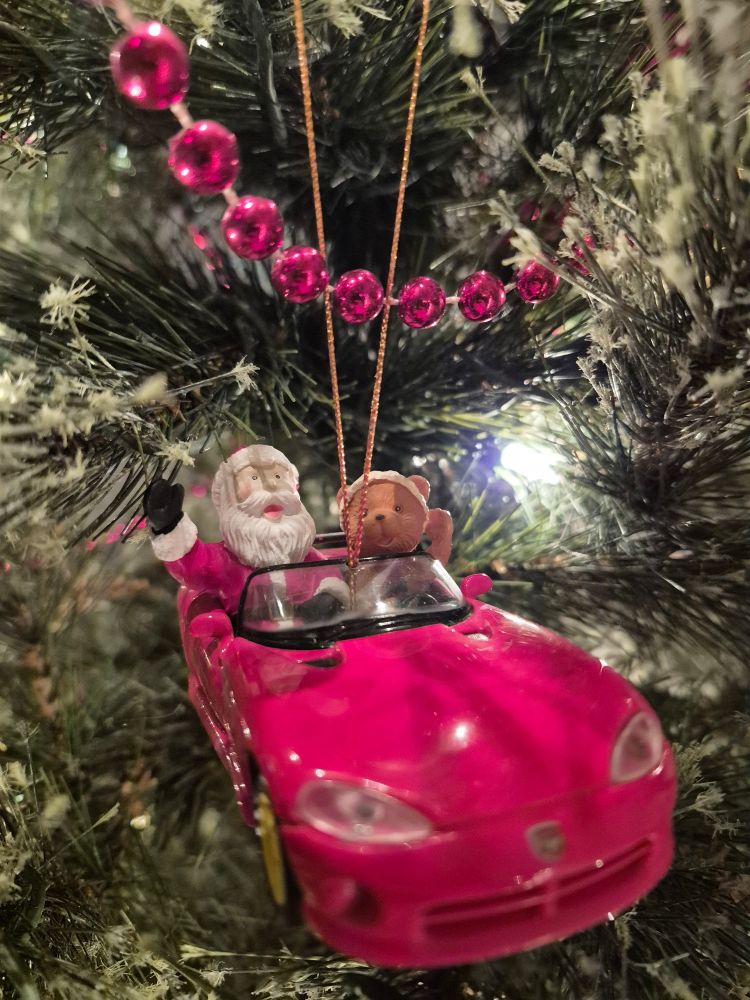 Santa and a teddy bear riding a car ornament 