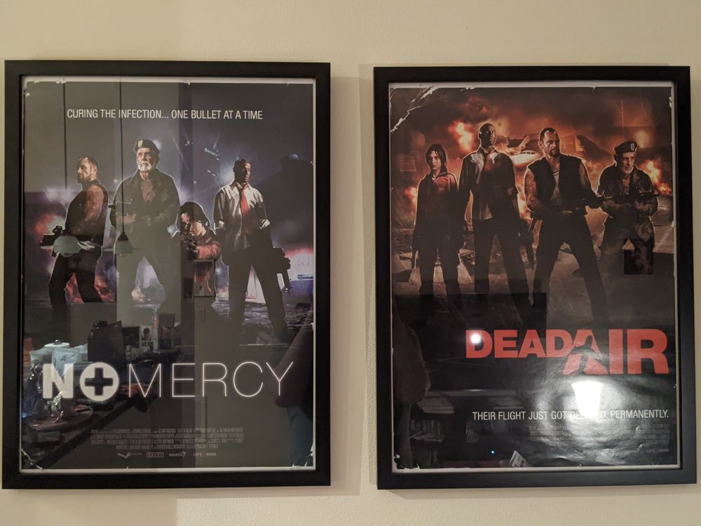 Movie poster style video game posters, showing the 4 survivors posing before the text No Mercy and Dead Air respectively.