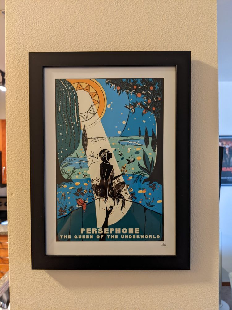 Stylized art of the Persephone myth, she looks away as Hades reaches up from below her.