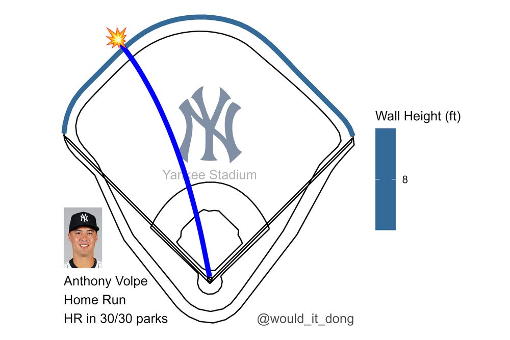 Anthony Volpe of the New York Yankees homers (3) on a fly ball to left center field at Yankee Stadium. This would have been a home run in 30 MLB parks.