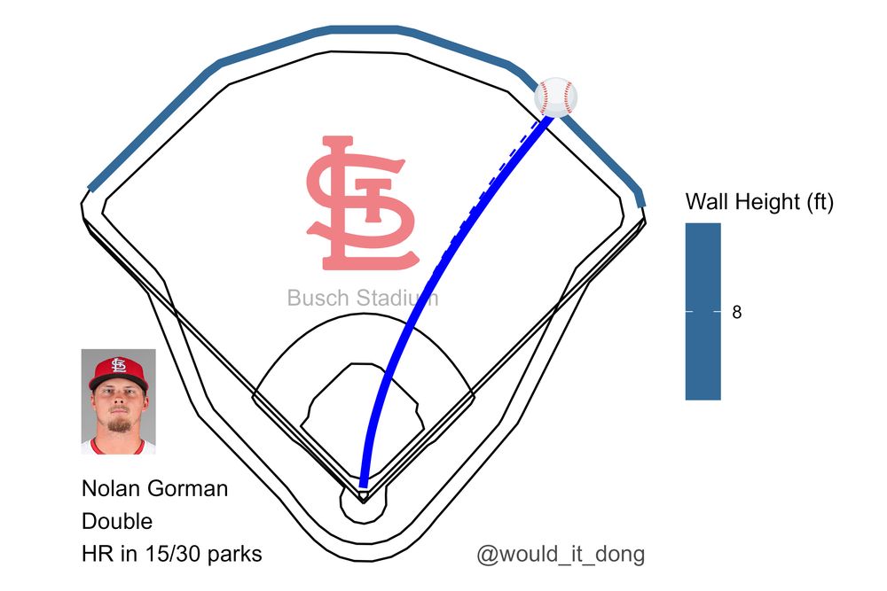 Nolan Gorman of the St. Louis Cardinals doubles (1) on a sharp fly ball to center fielder Jo Adell at Busch Stadium. This would have been a home run in 15 MLB parks.