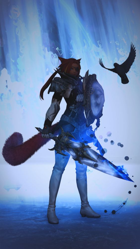 A Miqo'te woman stands menacingly in front of an eruption of icy blue Aether. Her familiar, the crow known as Breathnóir (Watcher) keeps flight beside her.