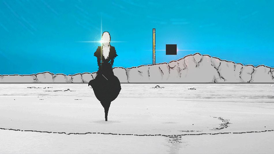 a pixel-art image of a woman with her back to the viewer, we see her long white hair and a black top and skirt. beside her is a black cube floating in the air, and in the distance is a yellow tower framed by an intensely blue horizon. 