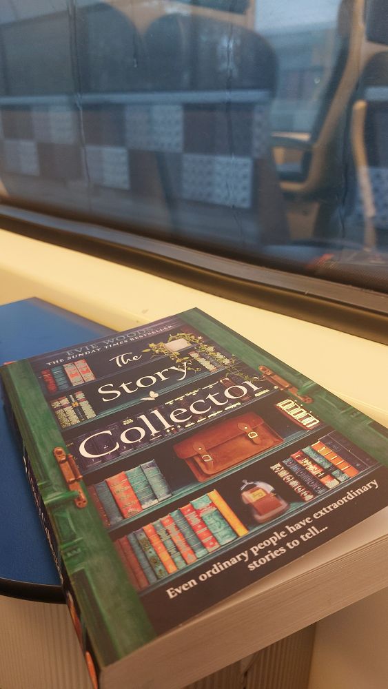 Boek (The Story Collector van Evie Woods) op een blauw treintafeltje. Door het raam is het perron van Nijmegen Dukenburg te zien. 