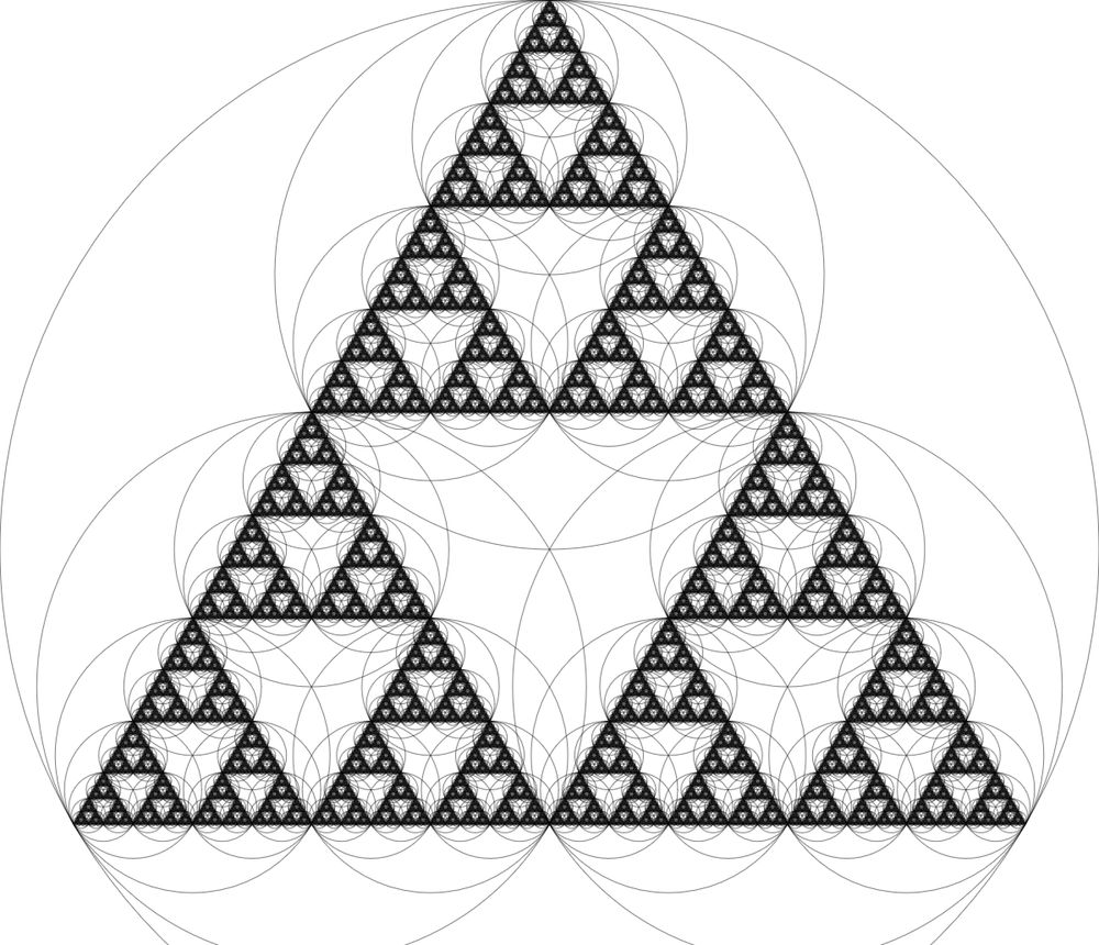 A serpinsky triangle, constructed by recursively drawing a circle, with 3 circles inside with half the radius, with each circle getting 3 more, and so on.