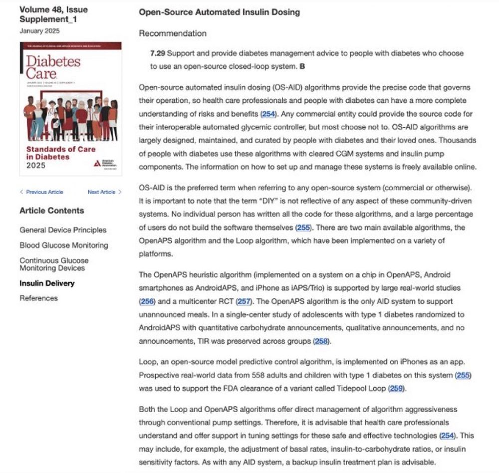 A screenshot of the full section of "Open-Source Automated Insulin Delivery", which you can find under section 7 and insulin delivery in the 2025 ADA Standards of Care. 