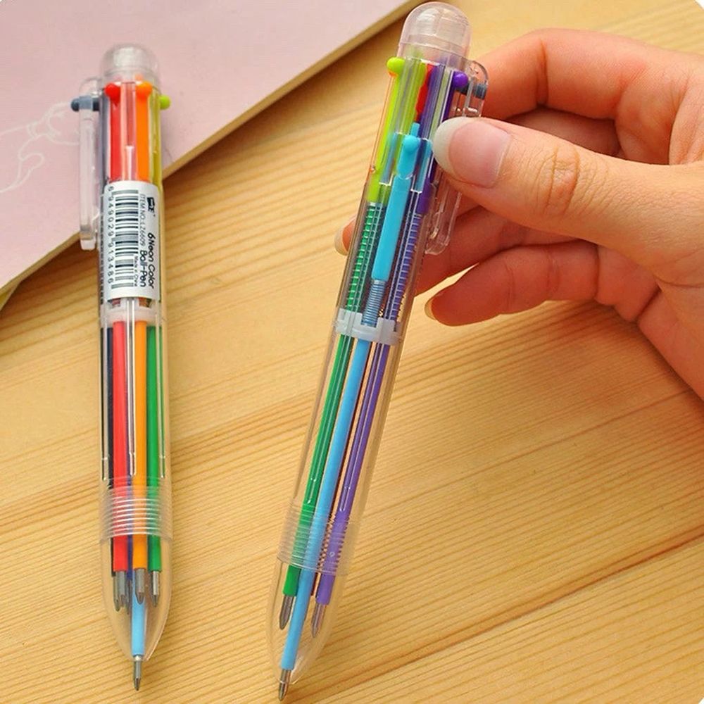 Multi-color ballpoint pen that is fun, but hard to handle, and makes clicky noises that we used to use to write notes in church when the sermon got real long