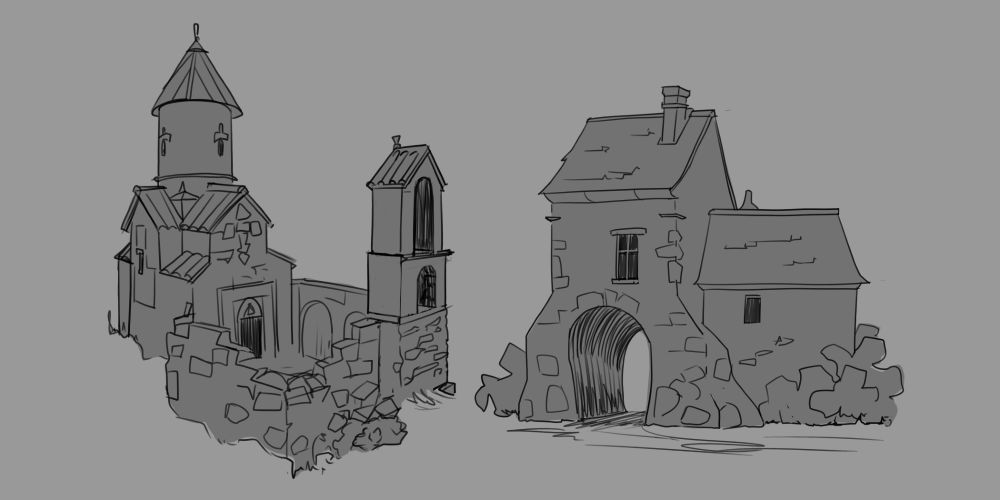 sketch of a run-down chapel & a european medieval entryway