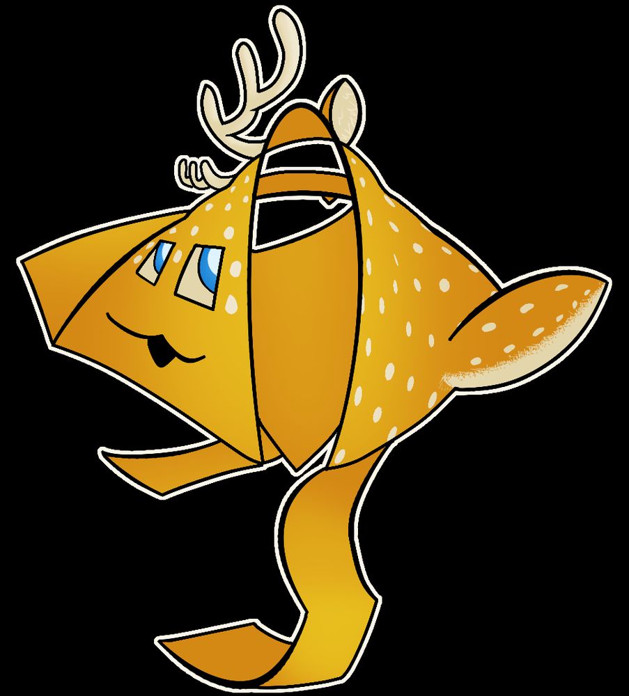 A flexible cardboard box creature folded in such a way that both its front and back are visible. It has antlers and ears on the top portion that's bending. It has a big tail. Its staring upwards while standing on its left foot