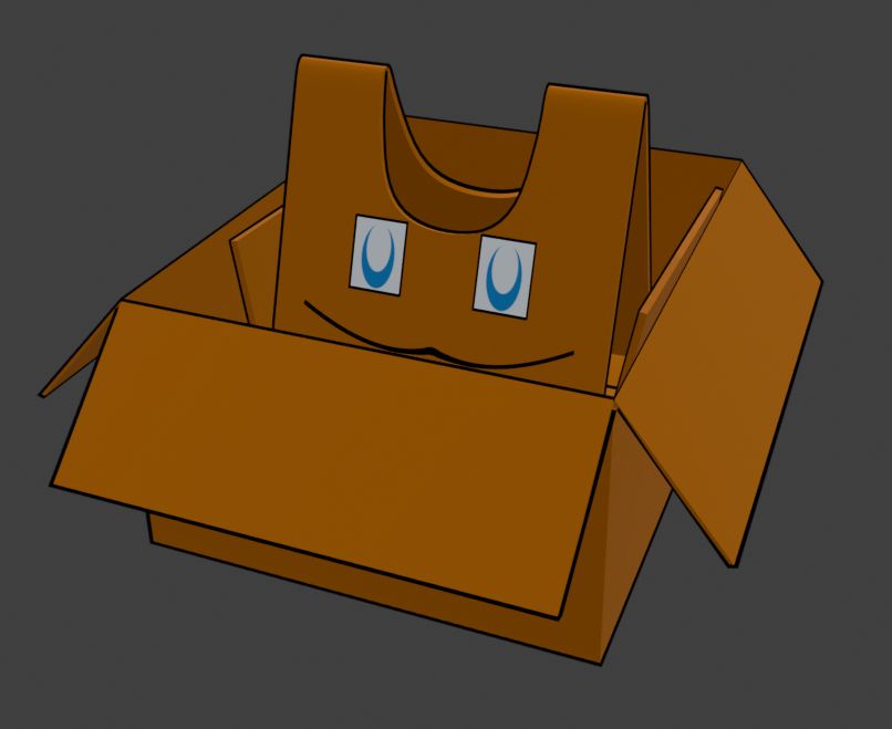 The cardboard box character sitting in a slightly larger non-living cardboard box