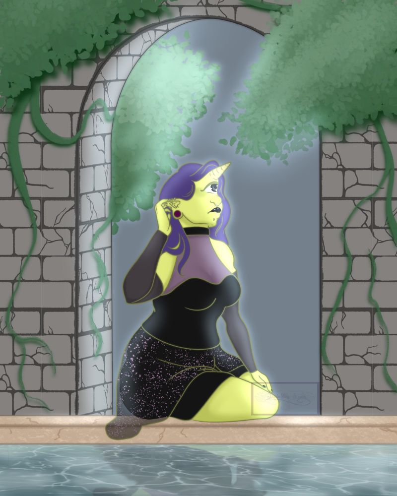 Art of a green orc like woman with a single horn wearing a black dress sitting on an edge to a basin looking upwards, background is off a vine covered stone arch with some foliage. 