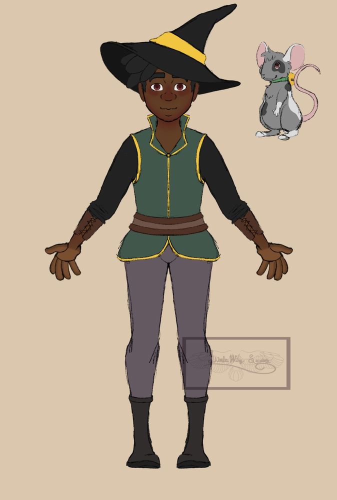 Sketch art of a warlock character with black hair in locs, pinkish brown eyes and dark skin. He is wearing a green and gold vest, black mid sleeved shirt, brown arm braces and boots and gray pants. He also is wearing a black pointed witch hat with a gold ribbon and is accompanied by a grey splotchy patterned mouse wearing a bell. 