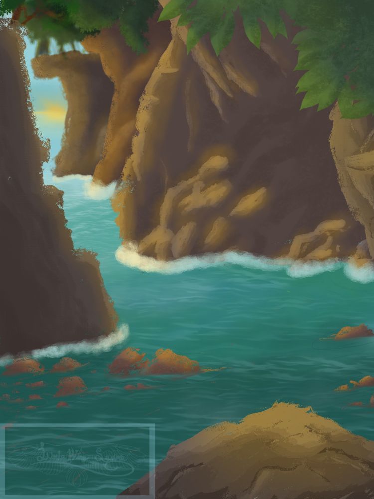 Scenic art piece of a river running through a canyon towards the sea at sunset 