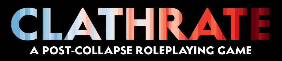 A title that says "Clathrate" with text under it "A post-collapse roleplaying game" the title has the warming stripes, a type of data visualisation for rising temperatures.