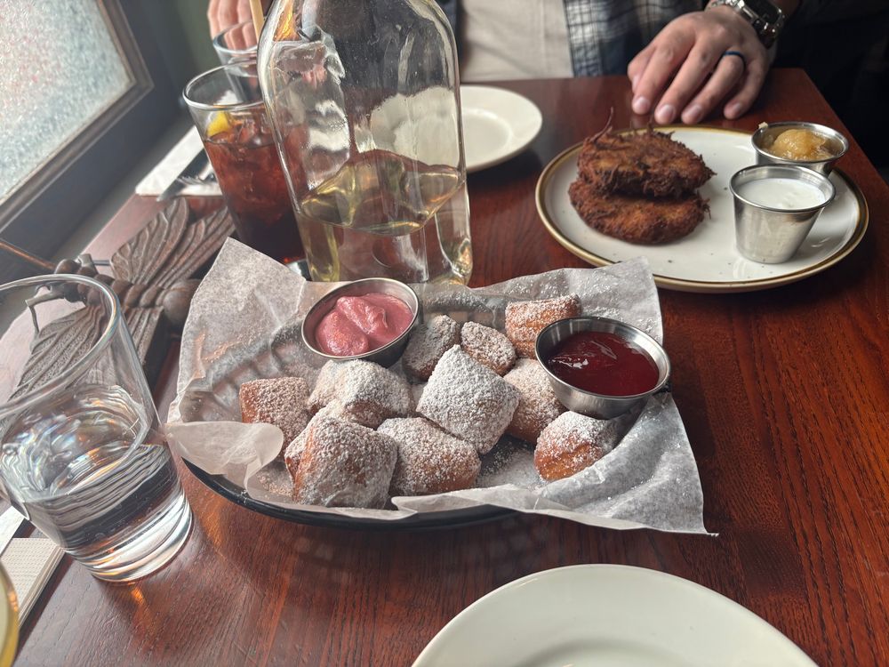 mini beignets and scallion latkes