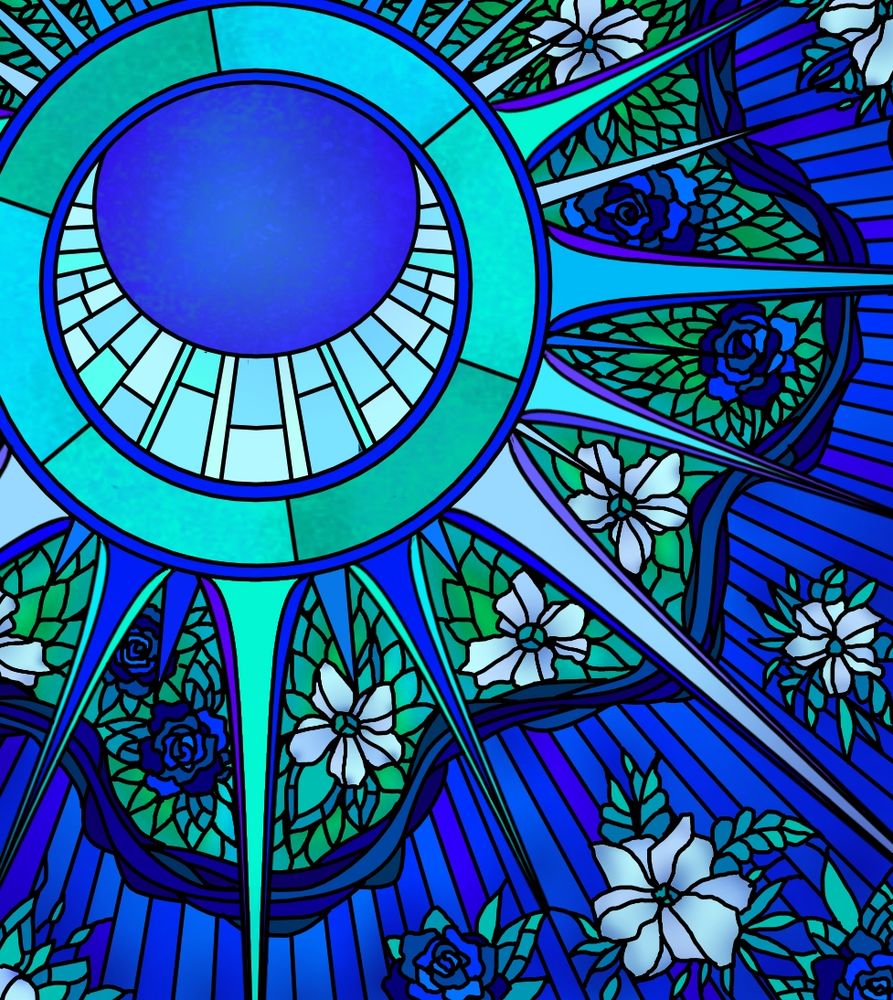 Тут не так много отсылок на лор как на втором витраже. Тем не менее: затмение солнца герб нашей страны. Оно имеет вид солнышко с фигуркой месяца на солнечном диске и лучами, расходящимися в стороны. Тут кст отсылка и на самого Руслана с Даней в аушке. Луна прикрывает солнышко собой, она не мешает ему светить, но прикрывает его собой. В аушке Руслан погиб, защищая своего короля и самого близкого человека в одном лице :(
Вокруг солнца цветочный узор. Если точнее: синие розы – символ чего-то необычного, прекрасного и недостижимого. Считается, что представители королевских семей обладают голубой кровью. Именно поэтому цветы идентичного цвета тоже относят к королевским. Есть ещё шикарные белые цветочки, но тут нет подтекстов, к сожалению. Вот так то